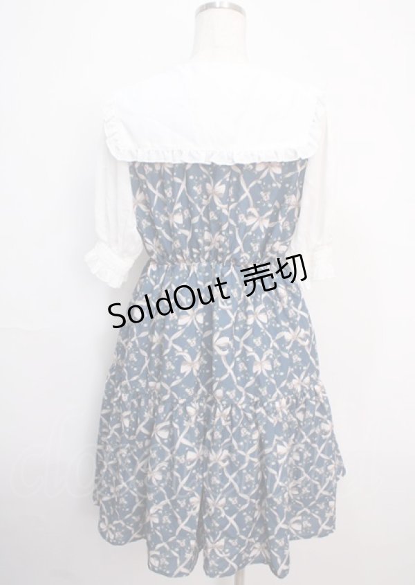 画像2: axes femme POETIQUE / リボンフラワーチェック柄ワンピース  ブルー Y-25-03-14-095-AX-OP-SZ-OS (2)