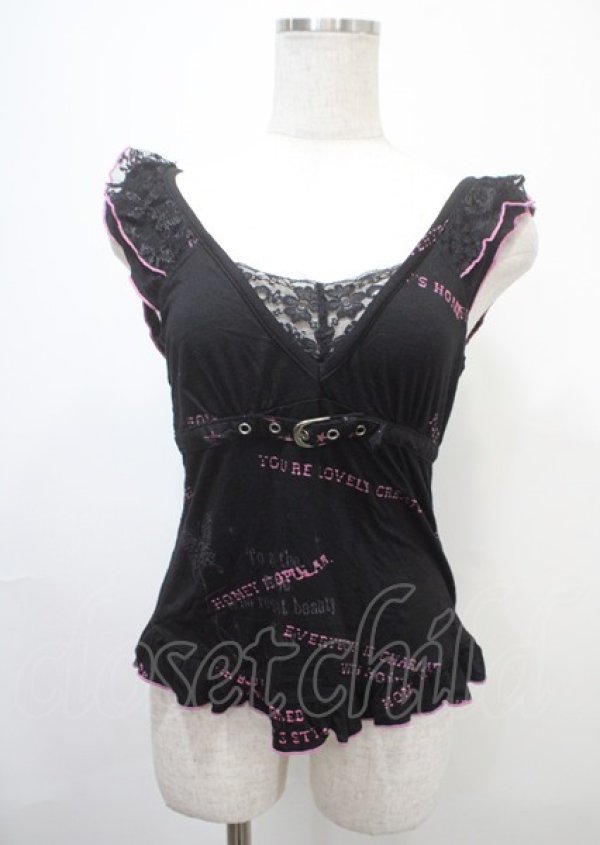 画像1: h.Jelly HONEY / ベルトデザインノースリーブトップス  黒×ピンク Y-25-04-11-073-HN-TO-SZ-ZY (1)
