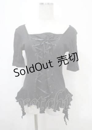 画像: h.naoto Blood / プリント入編み上げフリルカットソー  黒 Y-25-04-11-083-HN-TO-SZ-ZY