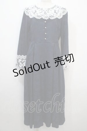 画像: axes femme NOSTALGIE / レース襟付ジャガードワンピース M 紺 Y-25-04-20-079-AX-OP-SZ-ZT138