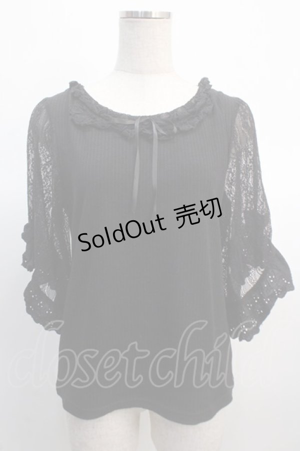 画像1: axes femme / レース×リボン袖プルオーバー M 黒 Y-25-04-21-042-AX-TO-SZ-ZY (1)