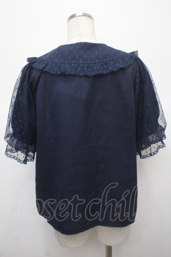 画像2: axes femme kawaii / ドットチュール半袖ブラウス M 紺 Y-25-04-23-046-AX-BL-SZ-ZY (2)