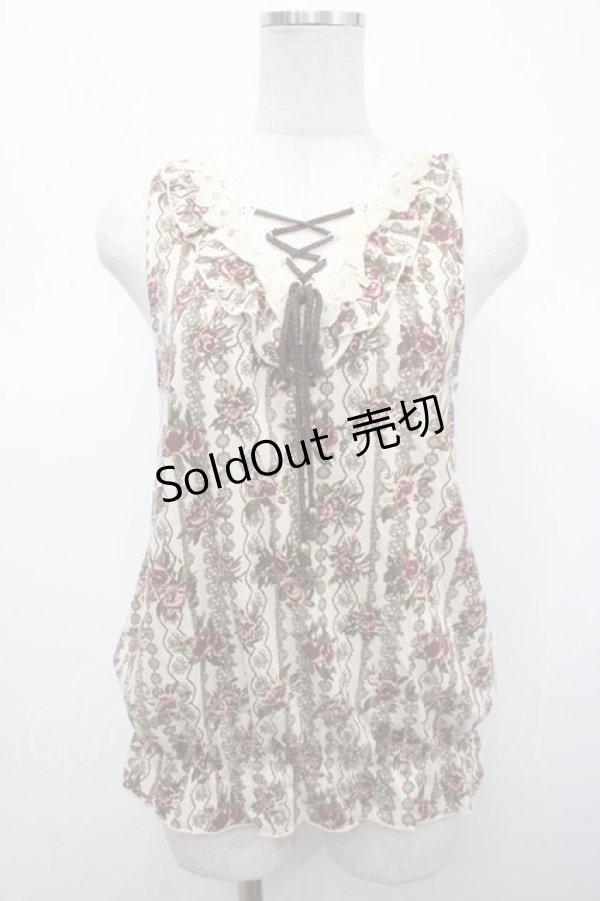 画像1: axes femme / ローズレースプリントノースリーブトップス M 生成り Y-25-04-23-028-AX-TO-SZ-ZY (1)
