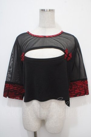 画像: Qutie Frash / チャイナメッシュカットソー  黒×赤 Y-25-04-28-048-QU-TO-SZ-ZY