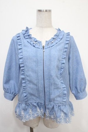 画像: axes femme / ノーカラー刺繍フリルジャケット  サックス Y-25-05-05-038-AX-TO-SZ-ZY