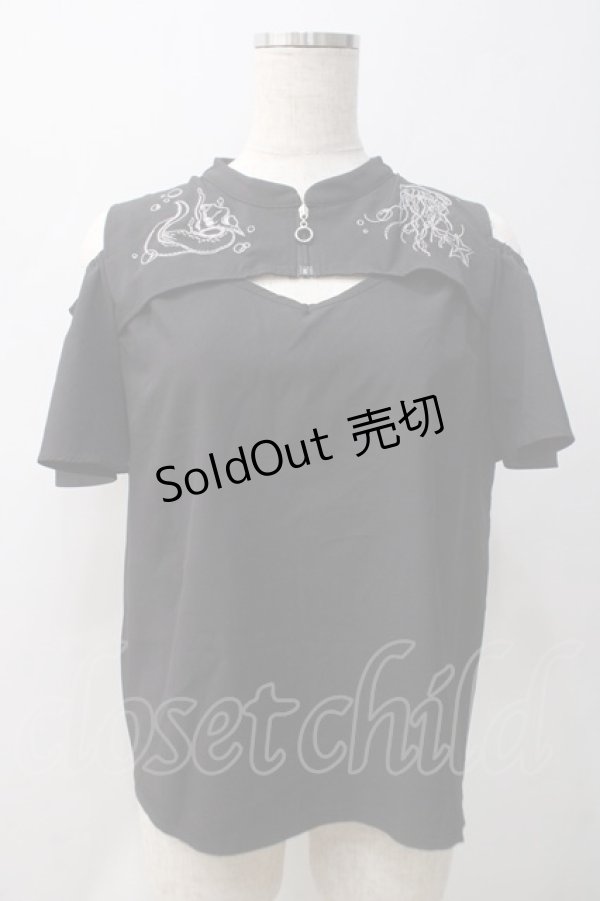 画像1: axes femme POETIQUE / ダークマリン肩開き刺繍ブラウス  黒 Y-25-05-22-110-AX-BL-SZ-ZY (1)