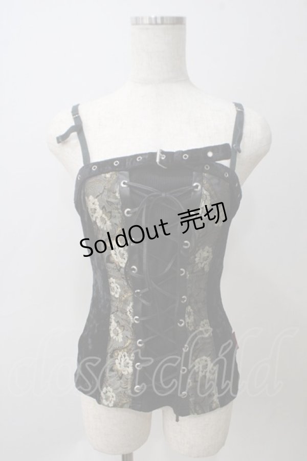 画像1: Ozz On / ジャガード×ベロアレースアップキャミソール  黒 Y-25-05-25-110-OO-TS-SZ-ZY (1)