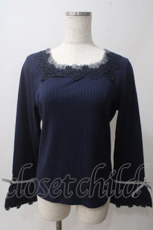 画像: axes femme / レース使いフレア袖リブプルオーバー M 紺 Y-25-06-03-063-AX-TO-SZ-ZY