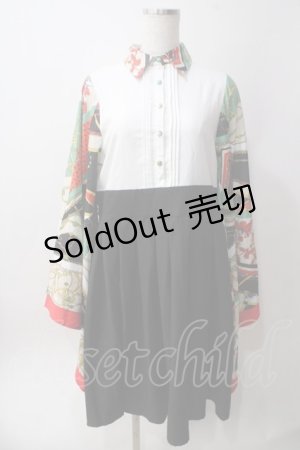 画像: IRO+IRO / スカーフ柄和装袖のドッキングシャツワンピース M オレンジ Y-25-06-12-084-LO-OP-SZ-ZY