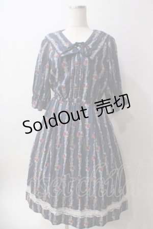 画像: axes femme / ブーケリボン柄セーラーワンピース M 紺 Y-25-06-12-099-AX-OP-SZ-ZY