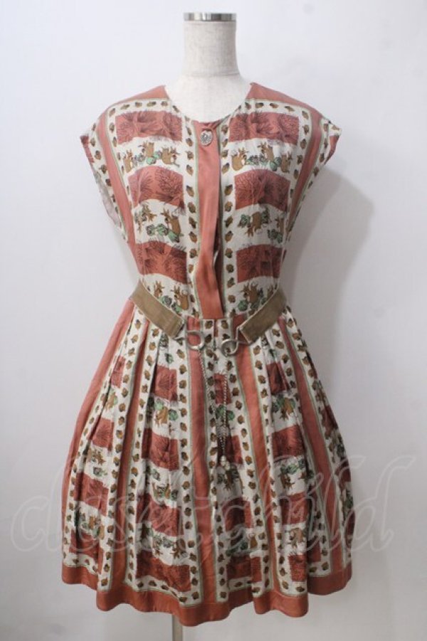 画像1: Jane Marple / WinterSquirrelプリントのスペアカラー付きドレス M ピンク Y-25-06-24-010-JM-OP-SZ-ZT457 (1)