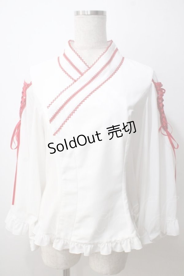 画像1: metamorphose / 着物合わせ風ブラウス  白×赤 Y-25-06-26-014-ME-BL-SZ-ZY (1)