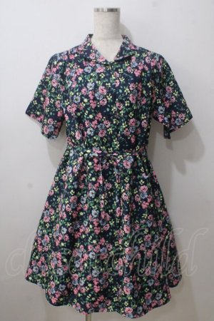 画像: merry jenny / フラワー総柄シャツワンピース  紺 Y-25-06-26-035-LO-OP-SZ-ZY