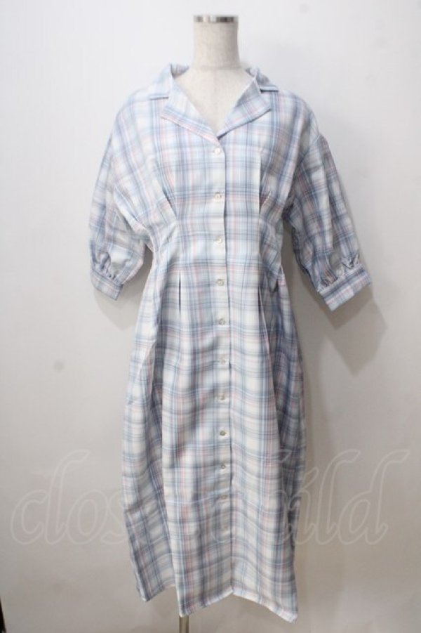 画像1: axes femme POETIQUE / チェック開襟シャツワンピース M ブルー Y-25-07-03-059-AX-OP-SZ-ZY (1)