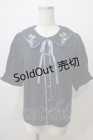 画像: axes femme POETIQUE / チューリップ刺繍ブラウス M 紺 Y-25-07-03-024-AX-BL-SZ-ZY