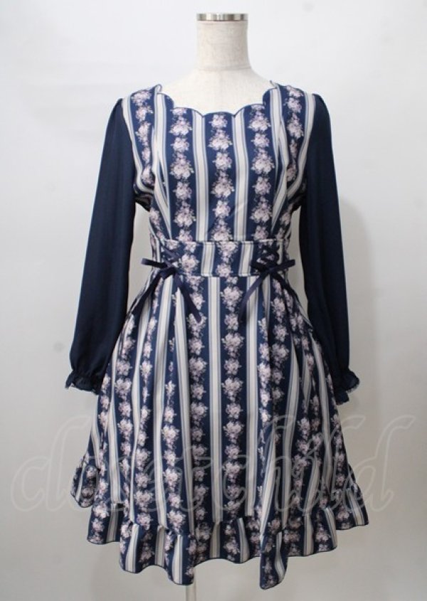 画像1: axes femme POETIQUE / ローズストライプ長袖ワンピース  紺 Y-25-07-18-091-AX-OP-SZ-ZT494 (1)