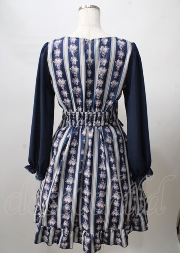 画像2: axes femme POETIQUE / ローズストライプ長袖ワンピース  紺 Y-25-07-18-091-AX-OP-SZ-ZT494 (2)
