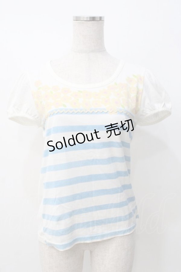 画像1: Emily Temple cute / フラワーボーダーパフカットソー  白 Y-25-07-21-061-ET-TO-SZ-ZT195 (1)