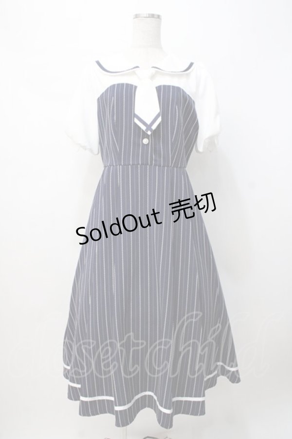 画像2: axes femme POETIQUE / ストライプドッキングワンピース M 紺 Y-25-07-21-098-AX-OP-SZ-ZI (2)