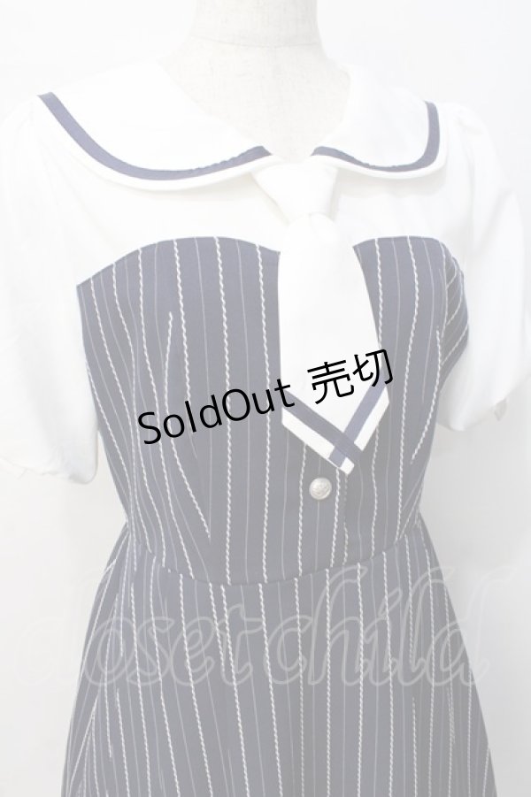 画像5: axes femme POETIQUE / ストライプドッキングワンピース M 紺 Y-25-07-21-098-AX-OP-SZ-ZI (5)