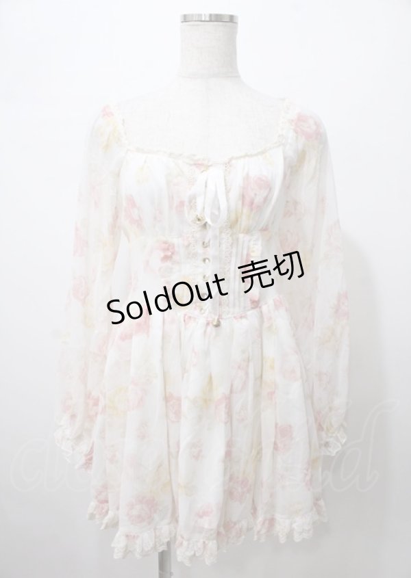 画像1: LIZ LISA / フロント編み上げローズ柄ワンピース 0 オフ白 Y-25-07-22-030-LO-OP-SZ-ZI (1)