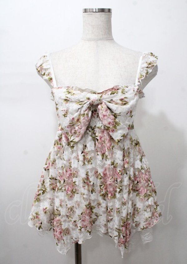 美品　LIZ LISA　花柄綿レースシャーリングキャミワンピース　レースアップ LIZ LISA / お花レースキャミワンピース 0 アイボリー Y-25-07