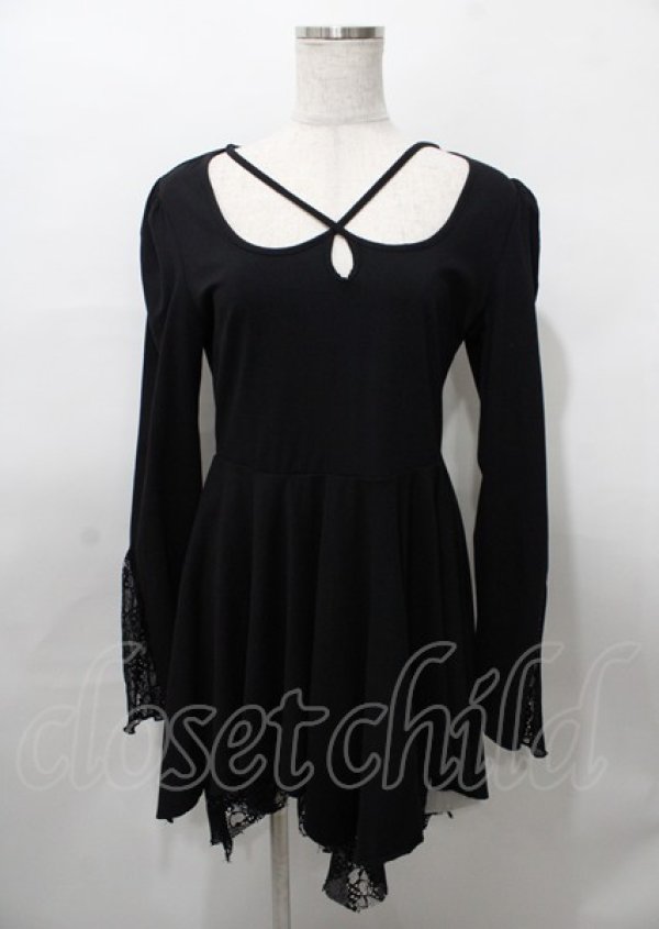 画像1: PUNK RAVE / Asymmetric Pointed Hem Flare Sleeves Gothic Dress M-L 黒 Y-25-07-25-100-PU-OP-SZ-ZY (1)