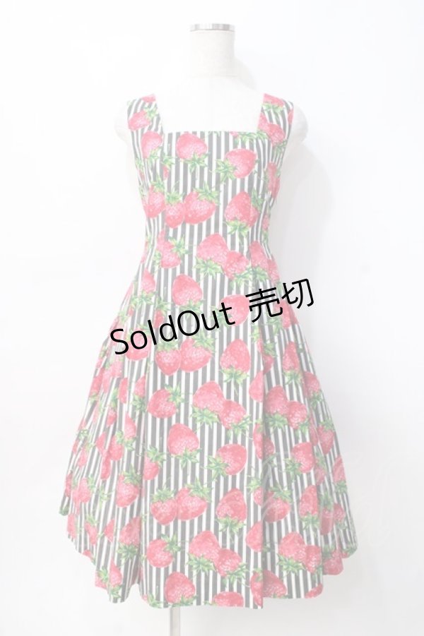 画像1: Jane Marple / ストロベリーmeetsストライプスクエアドレス M 黒 Y-25-07-31-068-JM-OP-SZ-ZT510 (1)