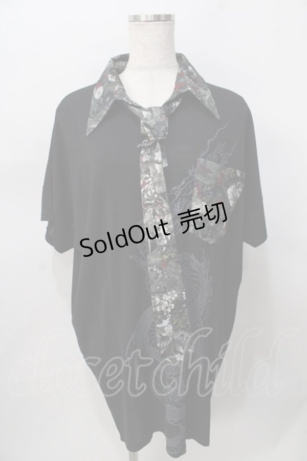 画像1: 気楡茶閃洸 / 和柄タイ付ビッグシャツ  黒 Y-25-08-02-058-EL-TO-SZ-ZY (1)