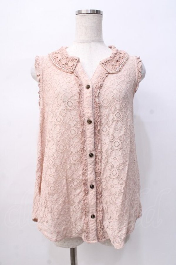 画像1: axes femme / 衿パール総レースノースリーブブラウス M 淡ピンク Y-25-08-08-057-AX-BL-SZ-ZI (1)