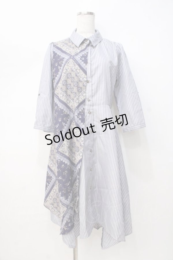 画像1: axes femme / 柄切替イレヘムシャツワンピース M 紺 Y-25-08-08-084-AX-OP-SZ-ZT014 (1)