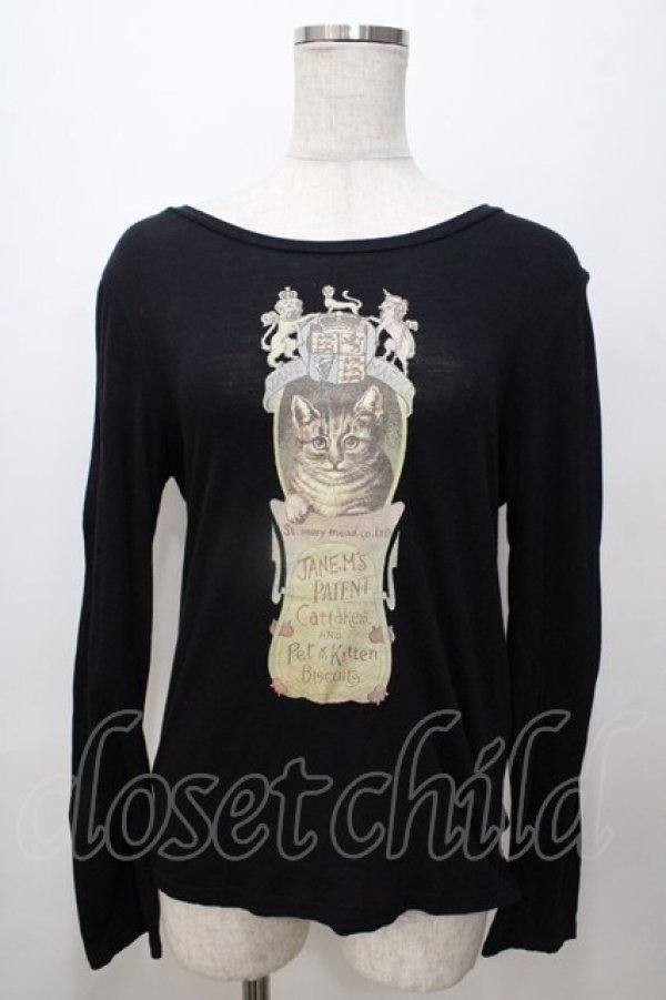 画像1: Jane Marple / スイスコットンkittenプリントのロングTシャツ M 黒 Y-25-08-17-067-JM-TO-SZ-ZY (1)