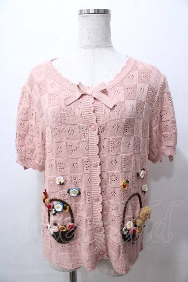 画像1: PINK HOUSE / フラワーバスケットテディモチーフ付きカーディガン  ピンク Y-25-08-19-062-LO-TO-SZ-ZY (1)
