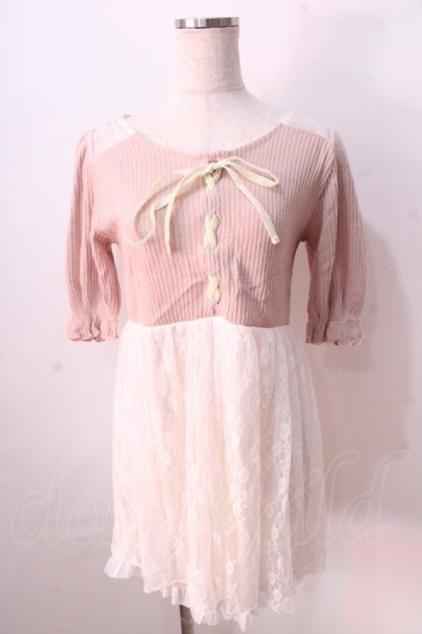画像1: LIZ LISA / レース切替ニットワンピース 0 ピンク×白 Y-25-08-26-056-LO-OP-SZ-ZI (1)