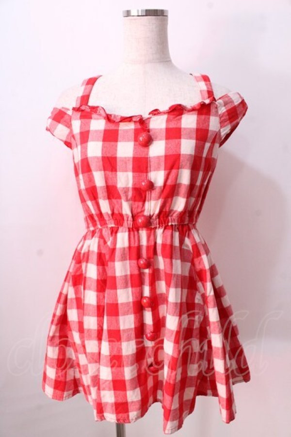 画像1: LIZ LISA / 肩リボンギンガムワンピース 0 アカ Y-25-08-26-060-LO-OP-SZ-ZI (1)