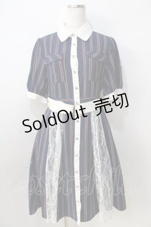 画像: axes femme / マルチストライプ半袖ワンピ  紺 Y-25-08-30-129-AX-OP-SZ-ZI