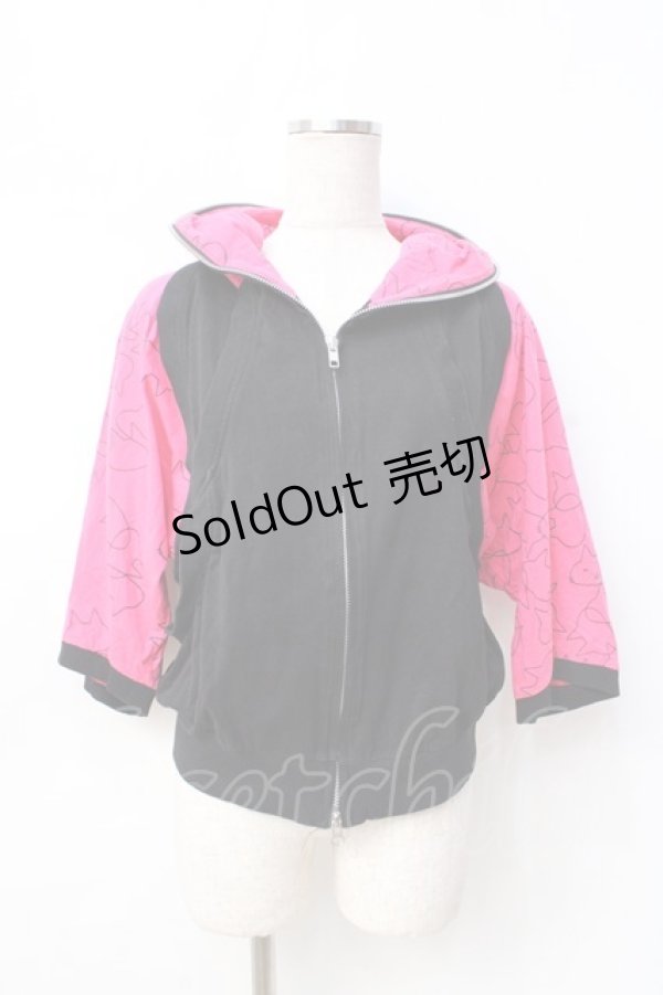 画像1: MINT NeKO / ねこじろうシルエット柄切替半袖パーカー  黒×ピンク Y-25-08-31-026-HN-TO-SZ-ZY (1)