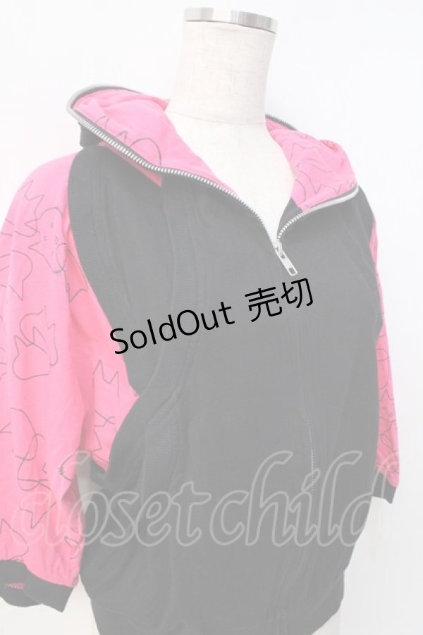 画像4: MINT NeKO / ねこじろうシルエット柄切替半袖パーカー  黒×ピンク Y-25-08-31-026-HN-TO-SZ-ZY (4)