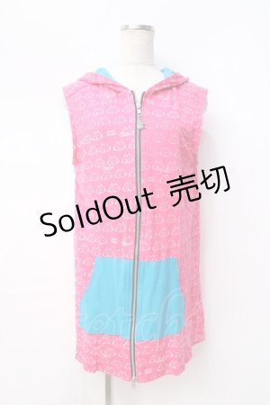 画像: MINT NeKO / ねこじろう総柄ノースリーブパーカー  ピンク×サックス Y-25-08-31-027-HN-TO-SZ-ZY