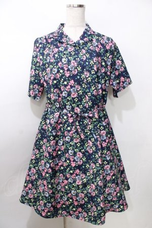 画像: merry jenny / フラワー総柄シャツワンピース  紺 Y-25-09-11-028-LO-OP-SZ-ZY