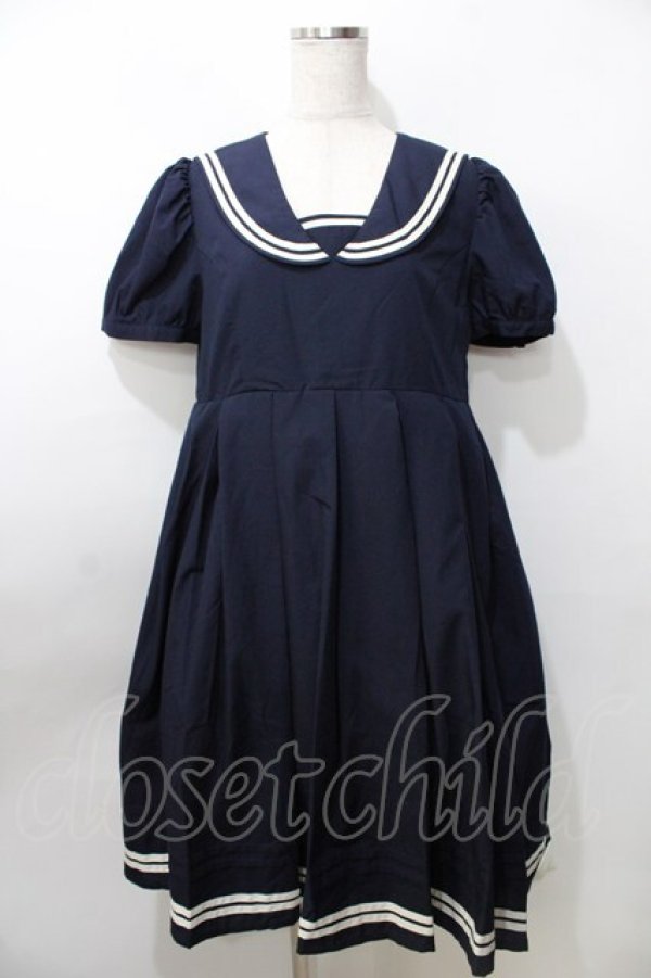 画像1: LIEF / Aラインセーラーワンピース  紺 Y-25-09-11-032-LO-OP-SZ-ZT016 (1)