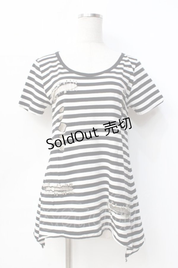 画像1: 【SALE】GLAD NEWS / 安ピン付きダメージカットソー  白黒 Y-25-09-13-008-GL-TO-SZ-ZT083 (1)