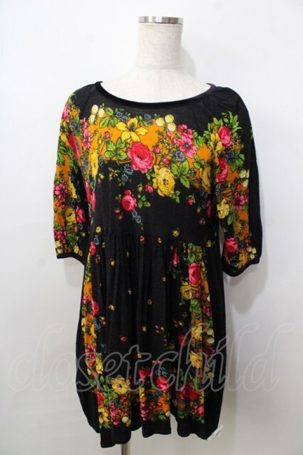 画像1: Jane Marple / 花柄カットソーワンピース M 黒 Y-25-09-13-077-JM-OP-SZ-ZT510 (1)