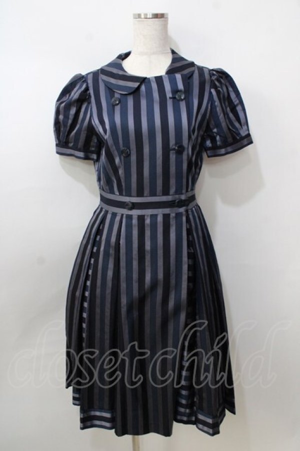 画像1: Jane Marple / レジメンタルストライプ ダブルボタンワンピース M 紺 Y-25-09-13-078-JM-OP-SZ-ZT512 (1)