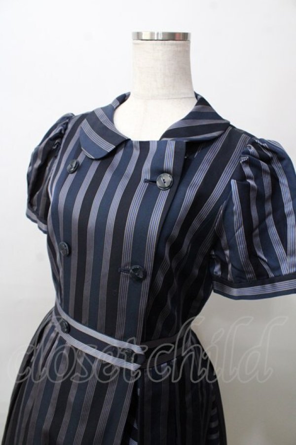 画像3: Jane Marple / レジメンタルストライプ ダブルボタンワンピース M 紺 Y-25-09-13-078-JM-OP-SZ-ZT512 (3)