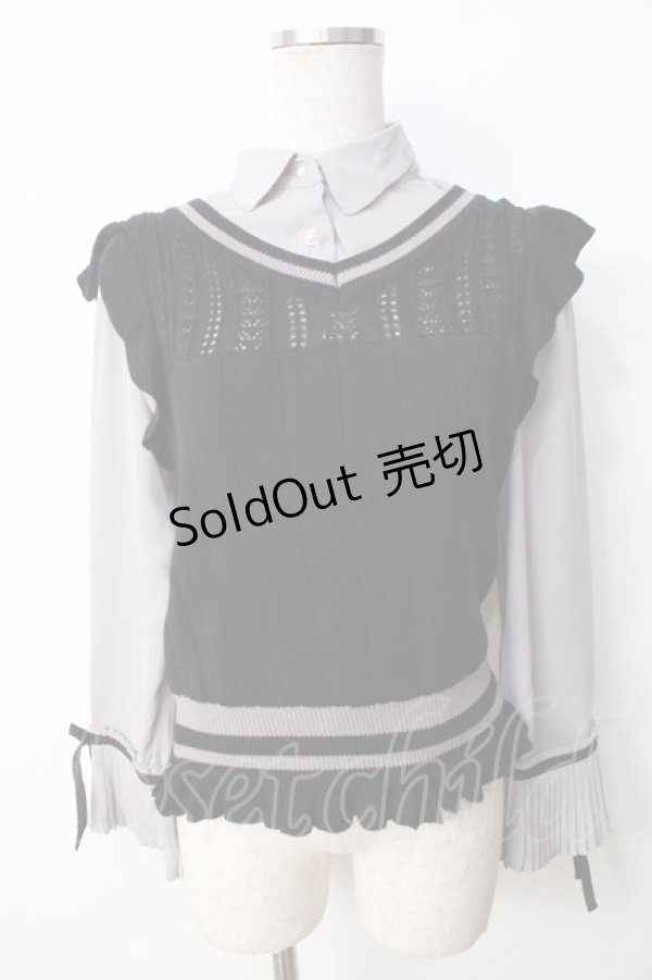 画像1: axes femme POETIQUE / ニットベスト付きブラウス M グレー×黒 Y-25-09-22-064-AX-TO-SZ-ZY (1)