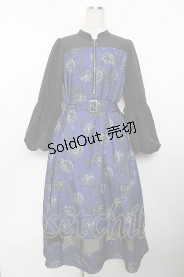 画像1: axes femme / バルーンスリーブフラワーワンピース  黒×パープル Y-25-10-03-119-AX-OP-SZ-ZI (1)