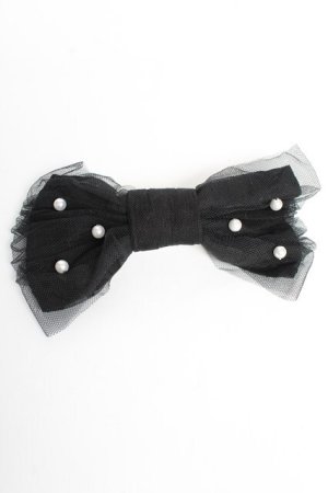 画像: Angelic Pretty / チュールリボンパールバレッタ  黒 Y-25-10-10-005-AP-AC-SZ-ZY