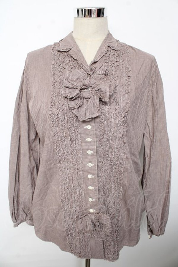 画像1: INGEBORG / リボン付きギンガムブラウス F ブラウン Y-25-10-10-115-LO-BL-SZ-ZY (1)