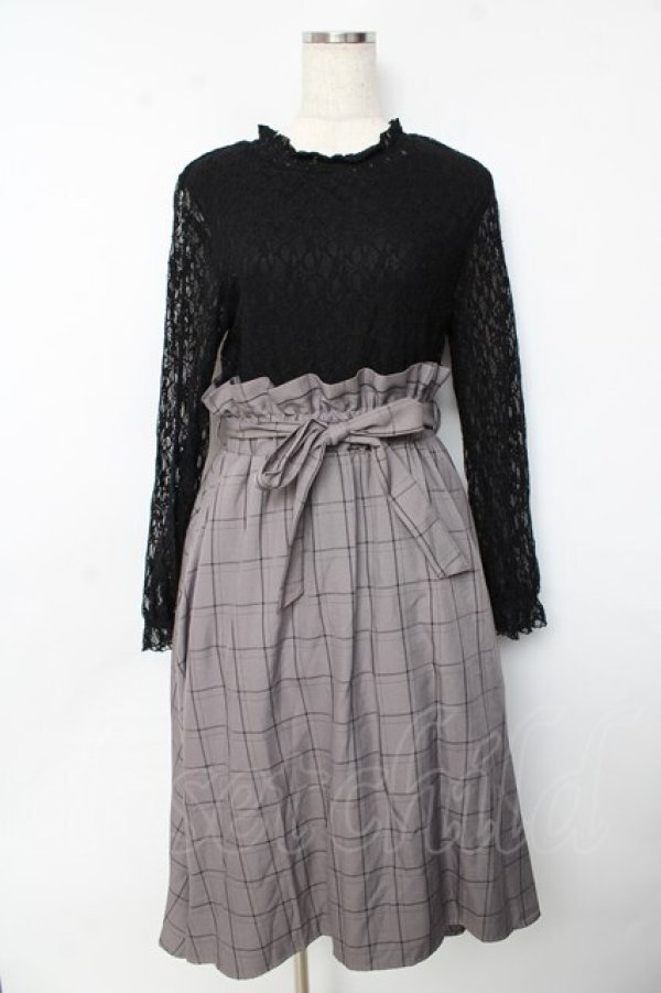 画像1: axes femme / レース×チェック切替ワンピース  黒×グレー Y-25-10-13-100-AX-OP-SZ-ZT166 (1)